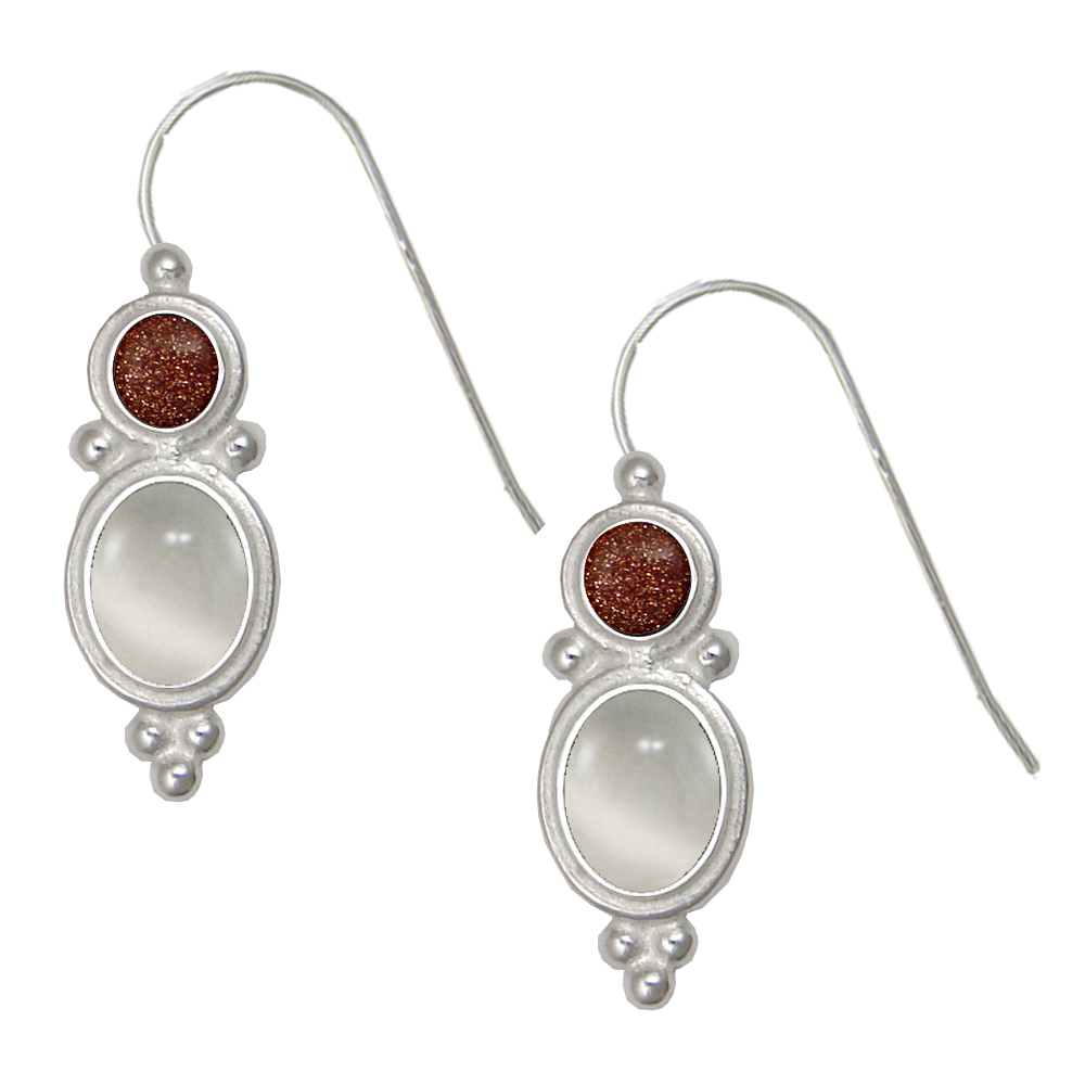 Sterling Silver Drop Dangle Earrings With White Moonstone And Goldstone